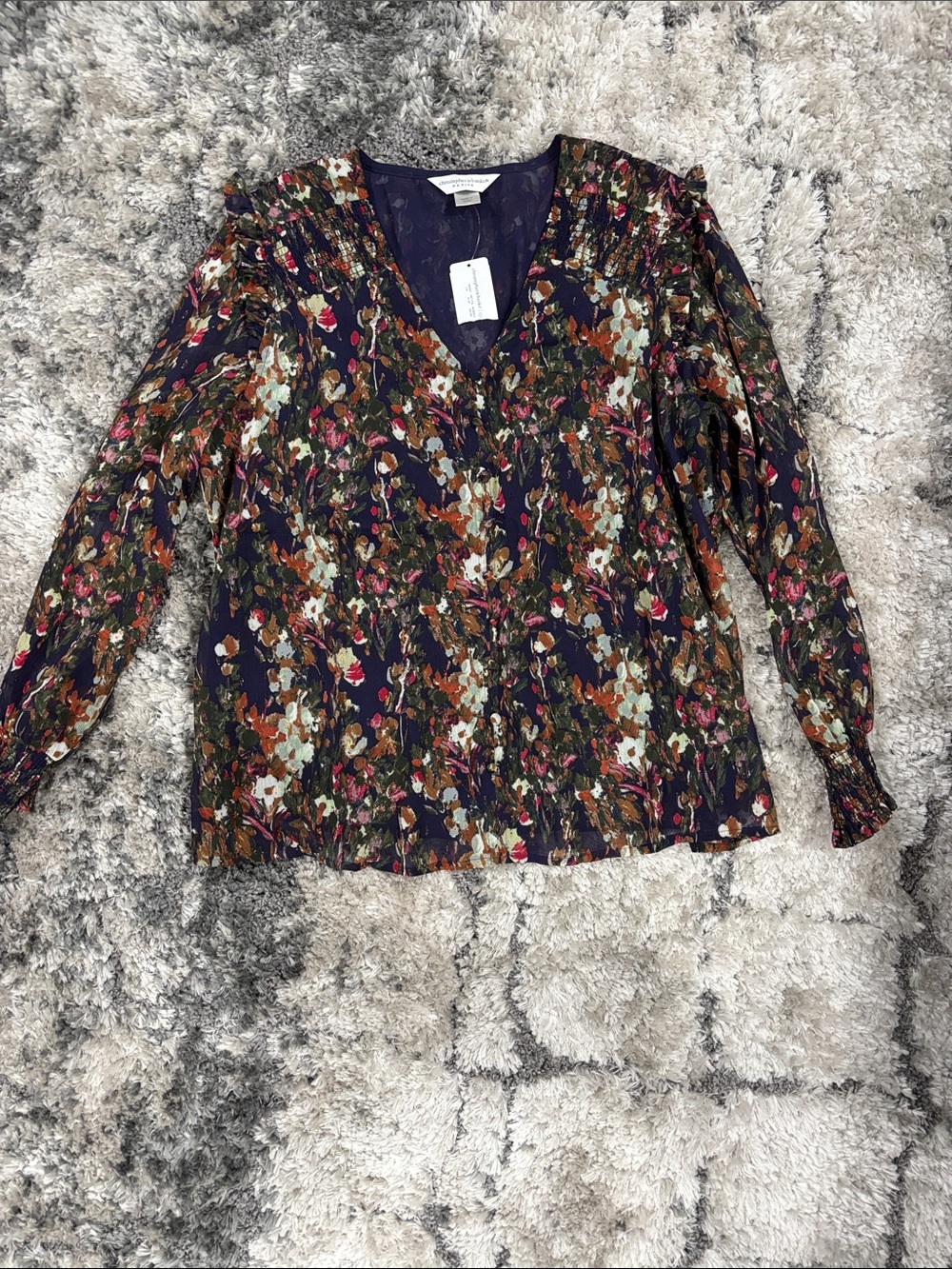 Christopher & Banks Navy Floral V-Neck Blouse with Mixed Blooms